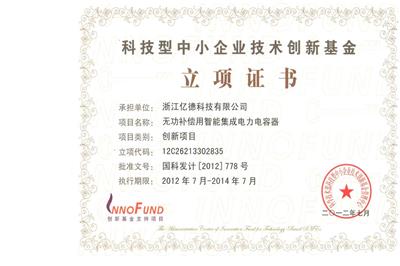 創(chuàng)新基金立項(xiàng)證書